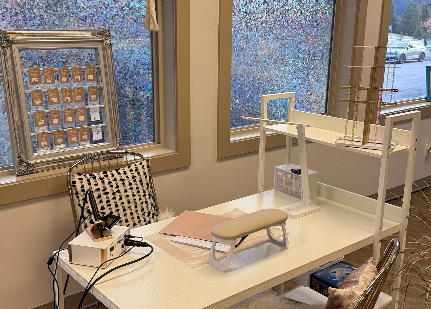 Elegant beauty station at Lustre&Lush, Elkford, British Columbia, CA, featuring a chic, modern design.