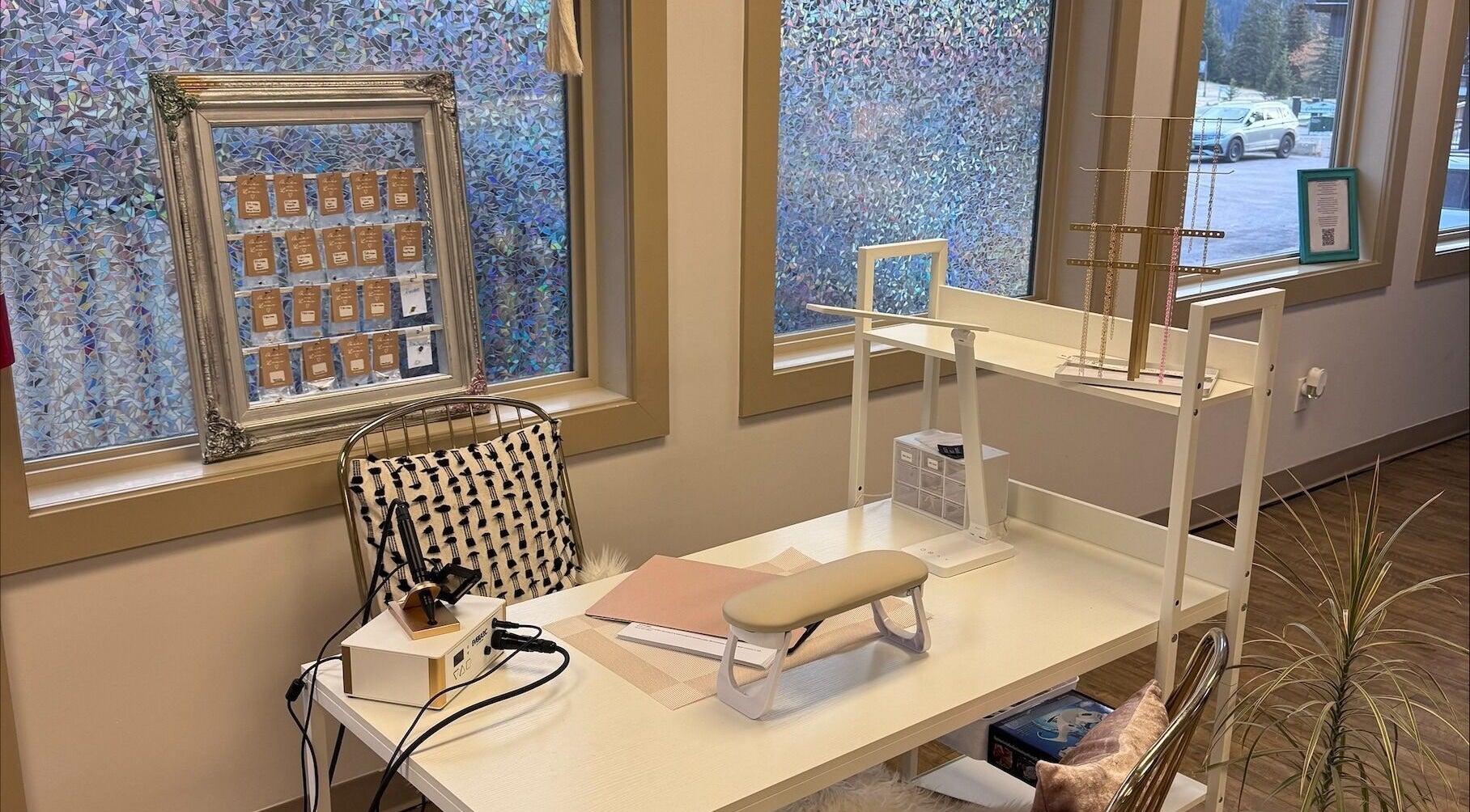 Elegant beauty station at Lustre&Lush, Elkford, British Columbia, CA, featuring a chic, modern design.