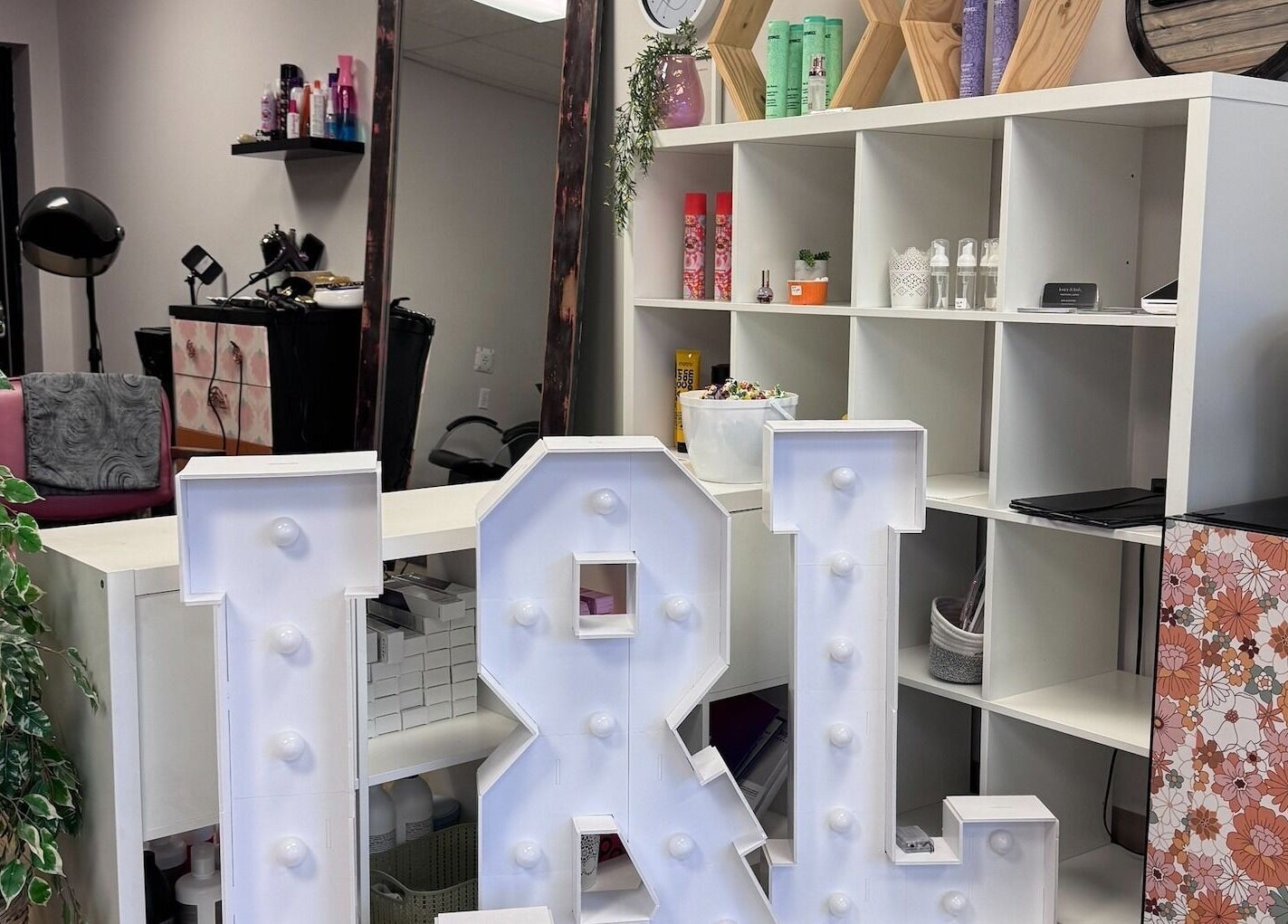 Modern salon interior at Lustre&Lush, Elkford, British Columbia, CA featuring stylish decor and salon equipment.