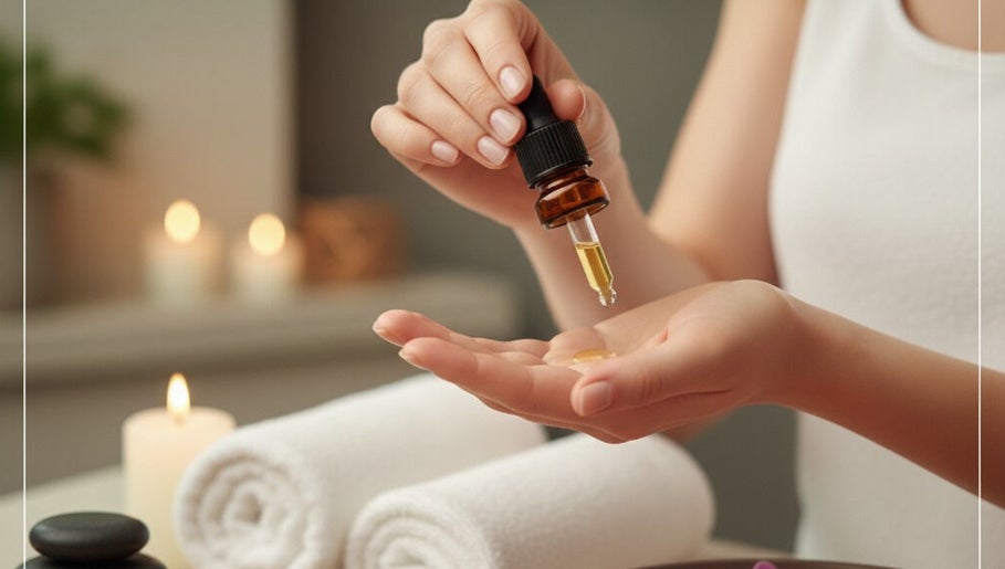 Aromatherapy oil being poured at esha massage for women, Bengaluru, Karnataka, IN.