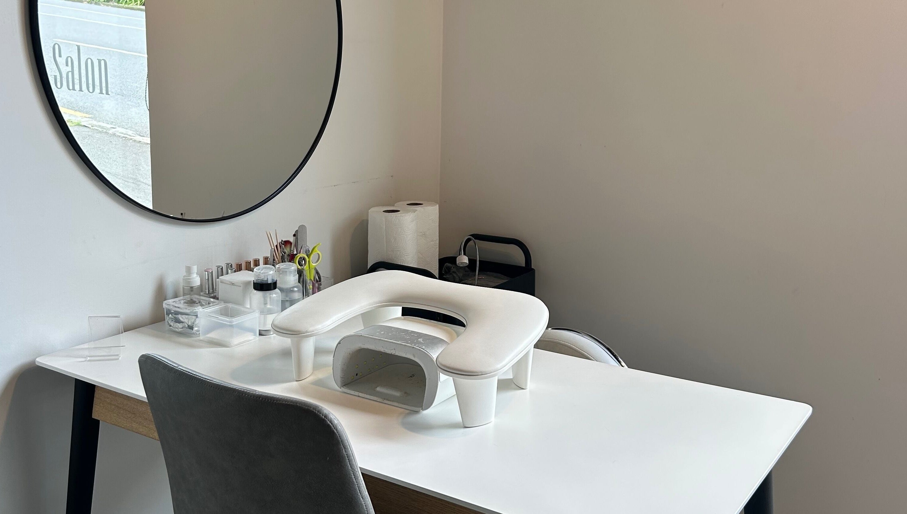 Nail station at Gym Bunny Nails, Auckland, Auckland, NZ featuring manicure tools and a stylish setup.