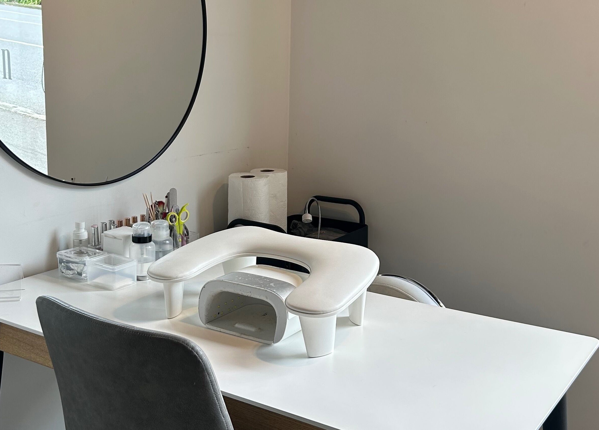 Nail station at Gym Bunny Nails, Auckland, Auckland, NZ featuring manicure tools and a stylish setup.