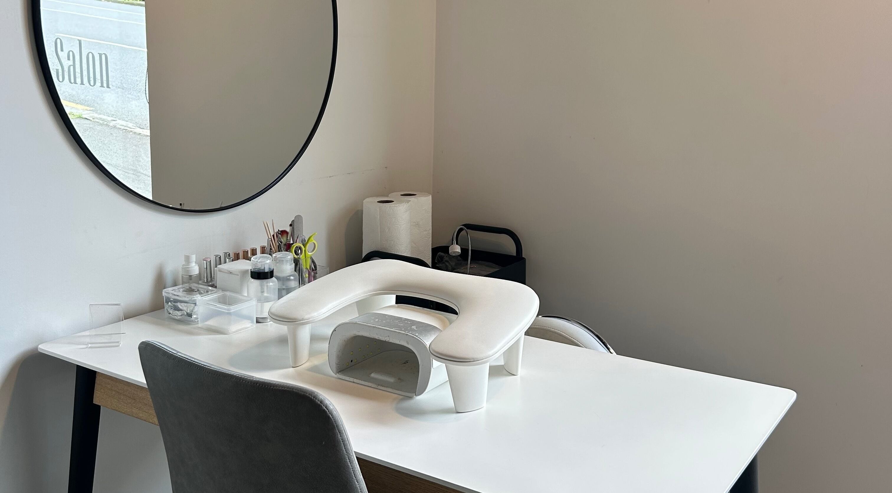 Nail station at Gym Bunny Nails, Auckland, Auckland, NZ featuring manicure tools and a stylish setup.