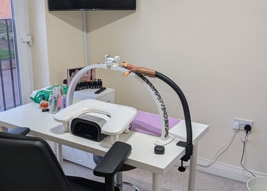 Nail station at Polished by Mrs Hilly, Stockport, England, GB, featuring modern tools and comfortable seating.