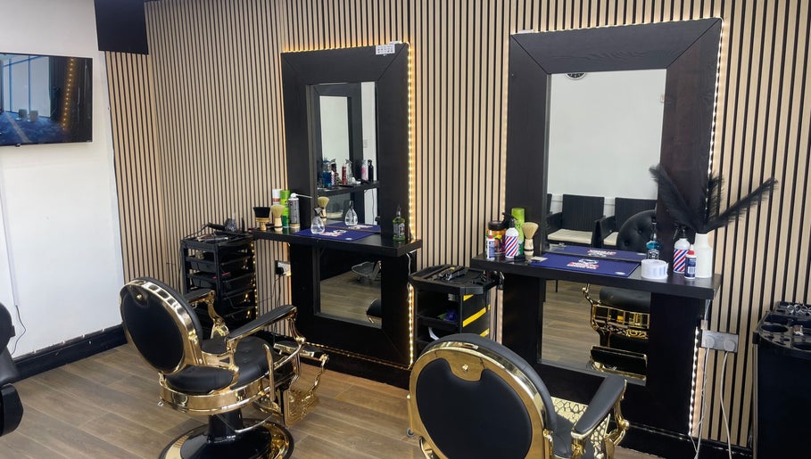 Rich and Beauty Lounge salon chairs and mirrors in Leeds, England, GB, showcasing modern elegance.