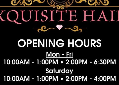 XQUISITE HAIR opening hours sign, Cole Bay, Sint Maarten, SX. See our schedule for a perfect beauty experience.