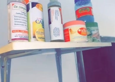 Beauty products on a shelf at Everythingblessing Xaesthetic, Lekki, Lagos, NG.