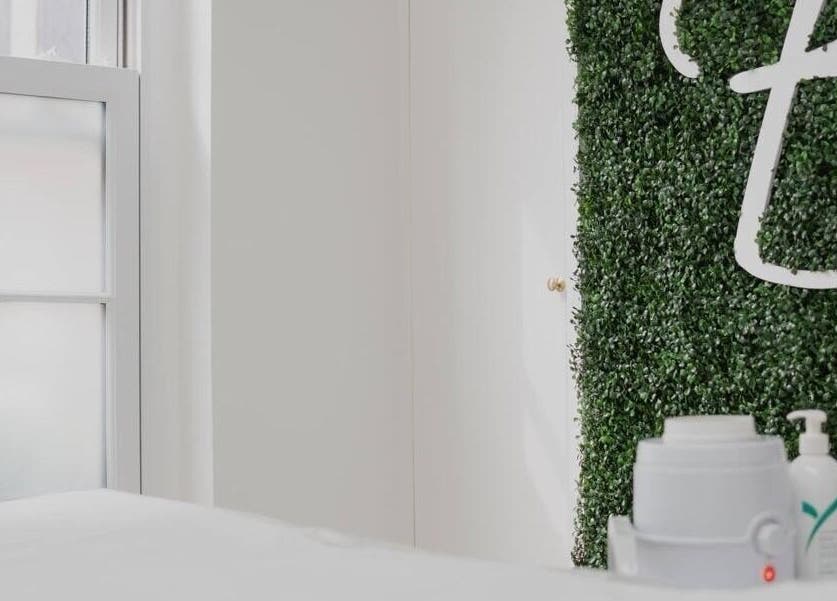 Elegant decor with greenery wall at Magi Brows & Lashes, Norwich, England, GB showcasing beauty products.