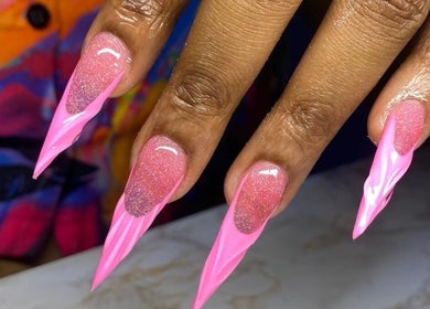 Stunning pink glitter nails at Ccallicosmetics, Speightstown, Saint Peter, BB. Perfect for chic nail art lovers.
