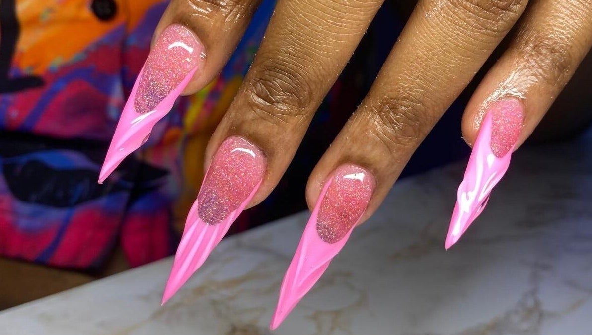 Sparkling pink stiletto nails at Ccallicosmetics, Speightstown, Saint Peter, BB.