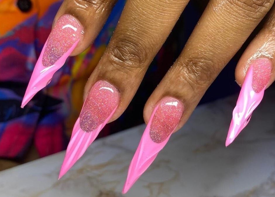 Sparkling pink stiletto nails at Ccallicosmetics, Speightstown, Saint Peter, BB.
