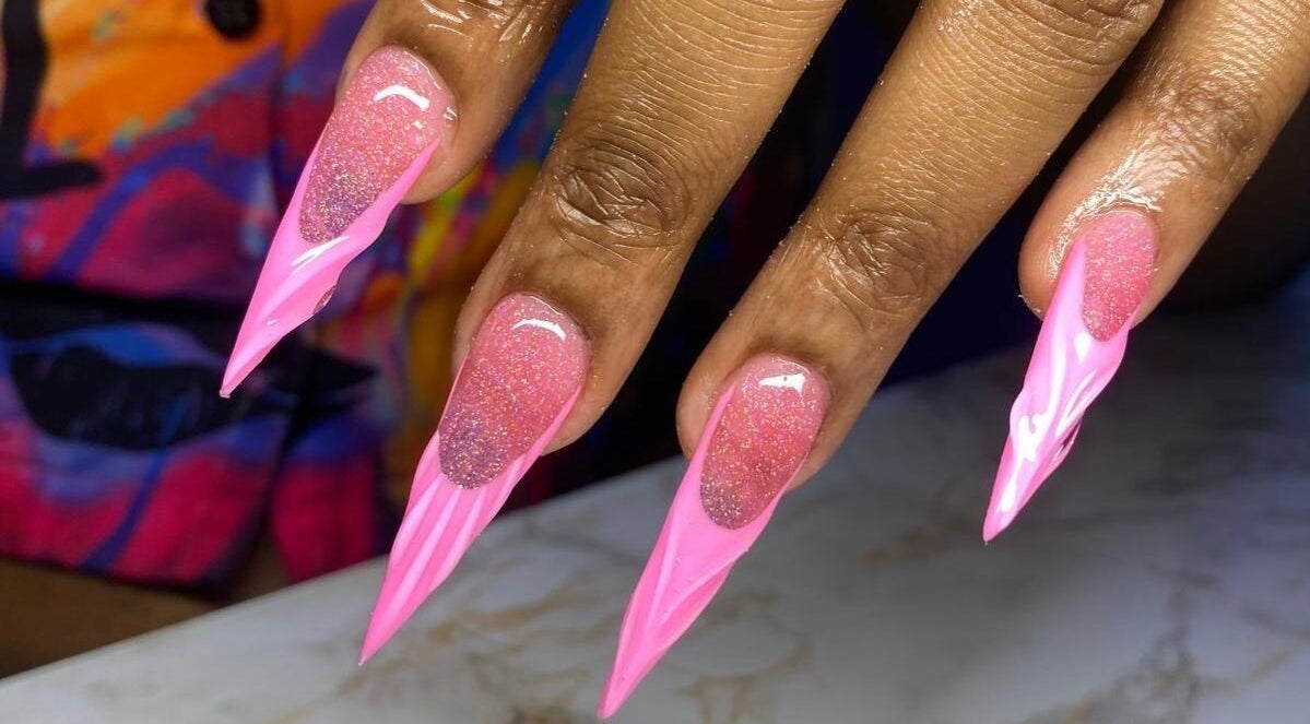 Sparkling pink stiletto nails at Ccallicosmetics, Speightstown, Saint Peter, BB.