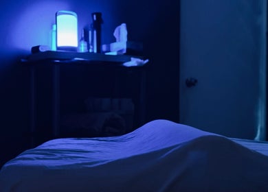 Relaxing massage room in soft light at Bahia Wellness Curaçao, Willemstad, Curaçao, CW.