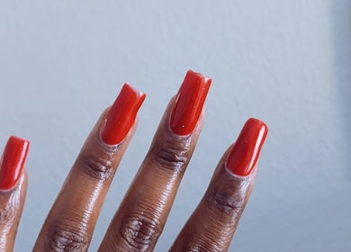 Bright red manicure at Leko Nails, Midrand, Gauteng, ZA. Gel polish on extended nails.