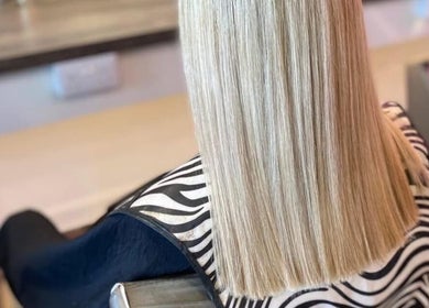 Sleek blonde hairstyle at Hair by Emma, Portlethen, Scotland, GB.