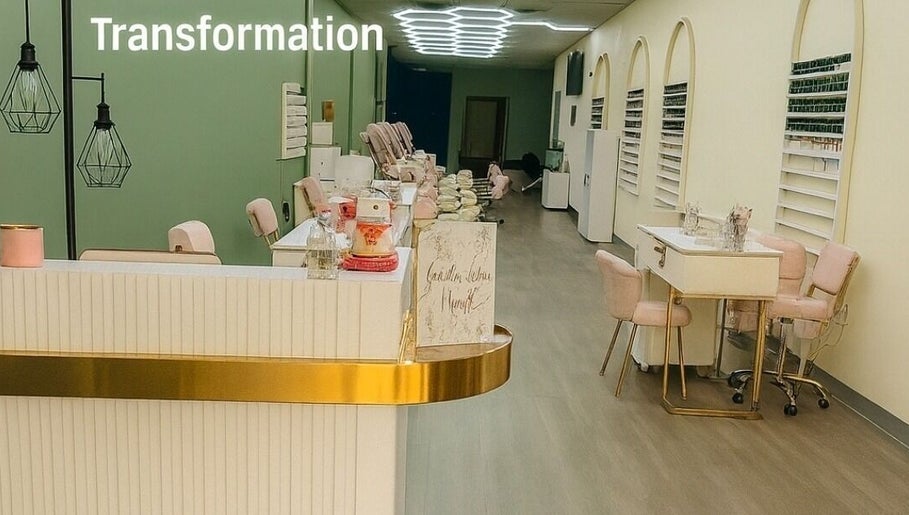 Elegant salon interior of Golden Lotus Nails, New Britain, Connecticut, US, featuring plush pink seating.