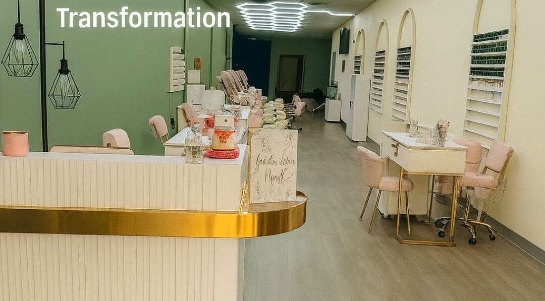 Elegant salon interior of Golden Lotus Nails, New Britain, Connecticut, US, featuring plush pink seating.