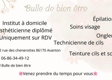 Affiche des services Bulle de bien être à Avanton, Nouvelle-Aquitaine, incluant épilations et soins visage.