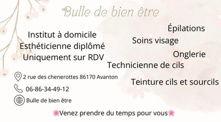 Affiche des services Bulle de bien être à Avanton, Nouvelle-Aquitaine, incluant épilations et soins visage.