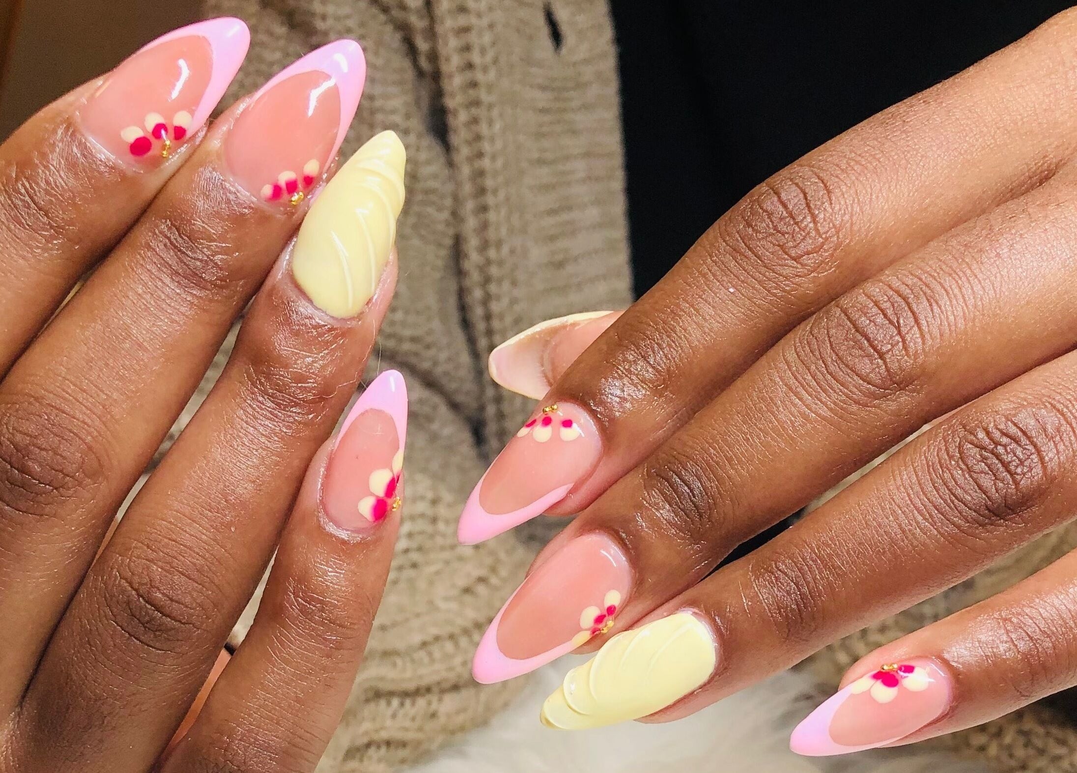 Elegant floral nail art by Nailed by Mandy in Katlehong, Gauteng, ZA showcasing intricate pink and yellow designs.