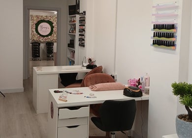 Cozy nail station at Once Upon A Nail, Horbury, England, GB, with plush chairs and polished decor.