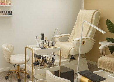 Luxurious nail salon at ENVIOUS, Philipsburg, SX with plush chairs and beauty tools.