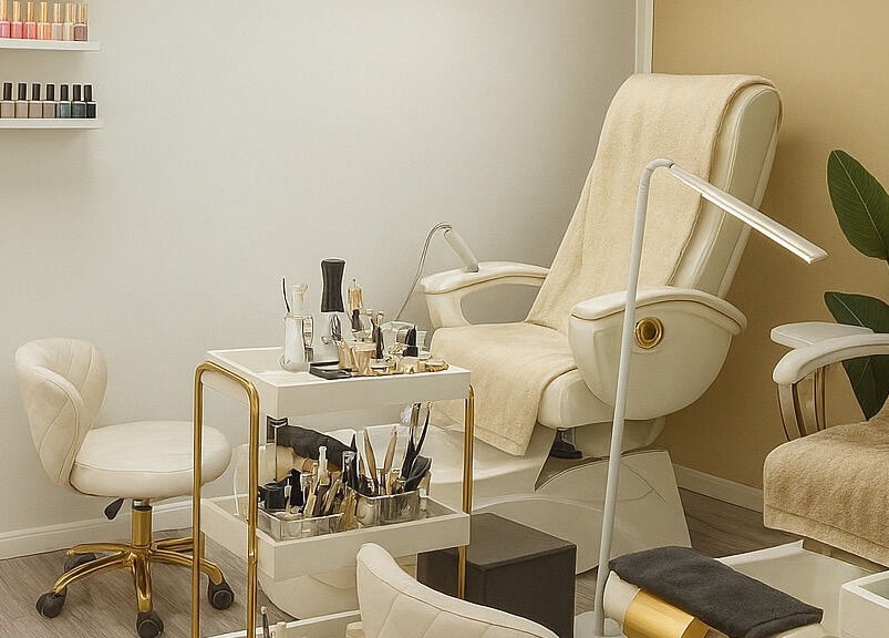 Luxurious nail salon at ENVIOUS, Philipsburg, SX with plush chairs and beauty tools.