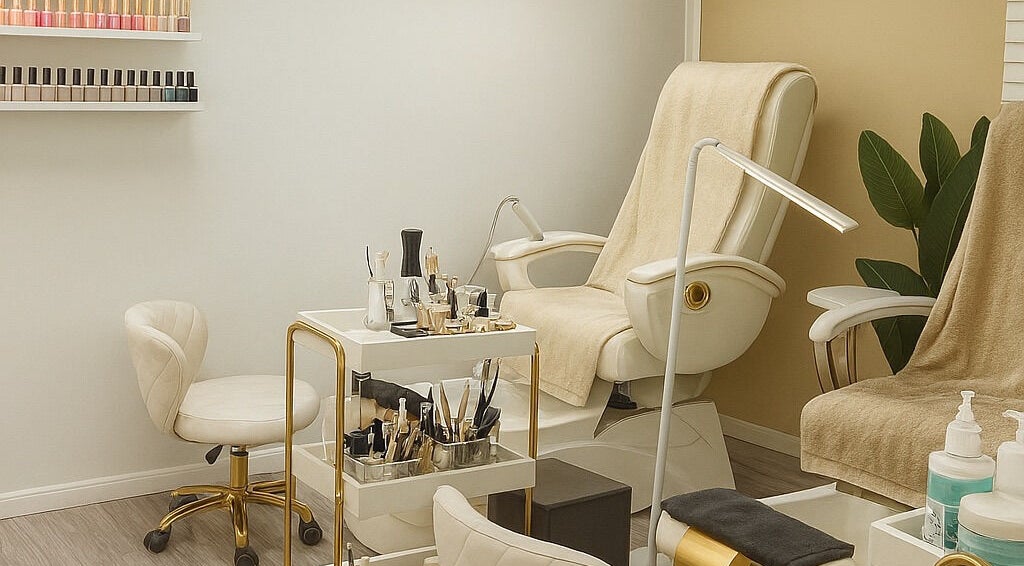 Luxurious nail salon at ENVIOUS, Philipsburg, SX with plush chairs and beauty tools.