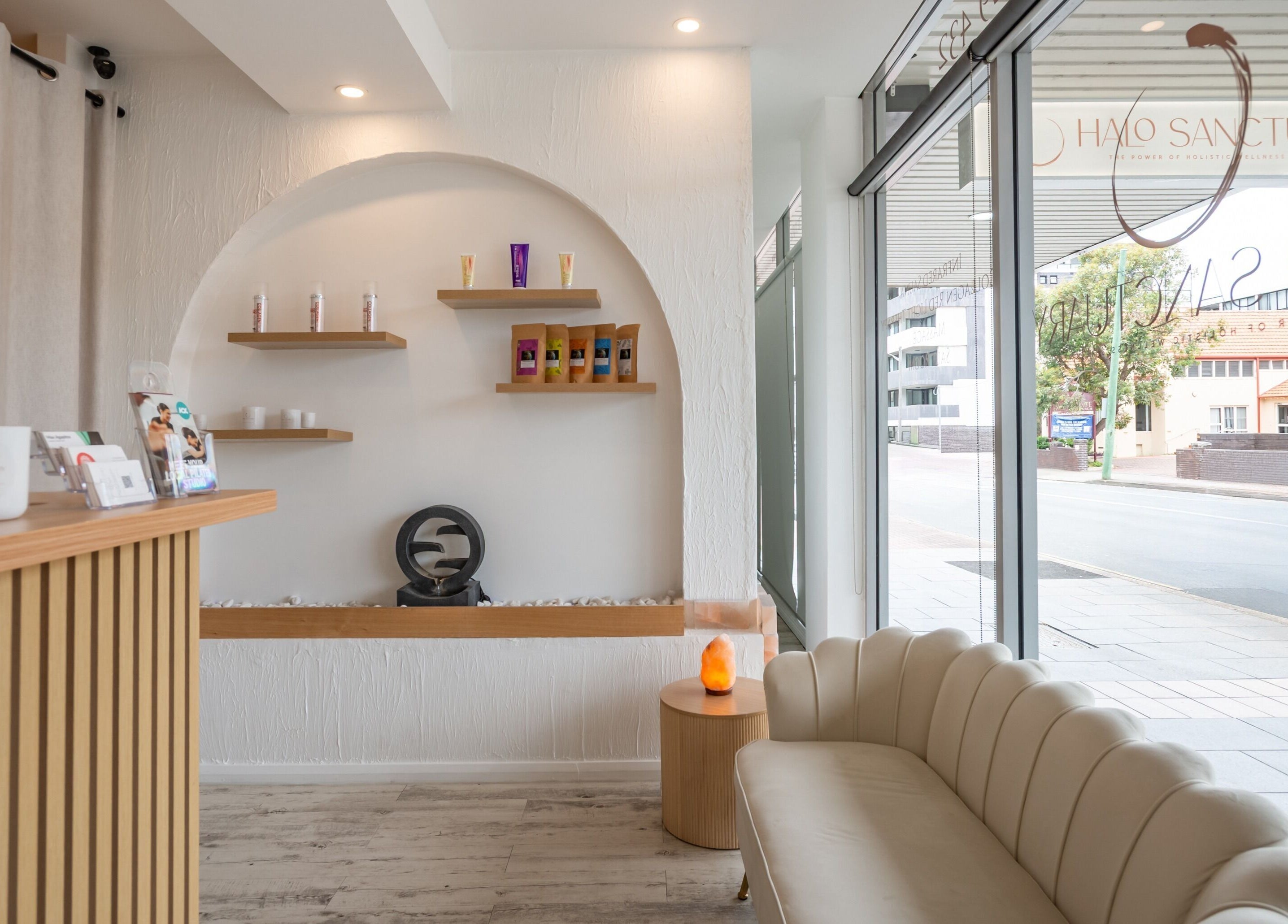 Welcome area of Halo Sanctuary, Ramsgate, New South Wales, AU with cozy seating and modern decor.