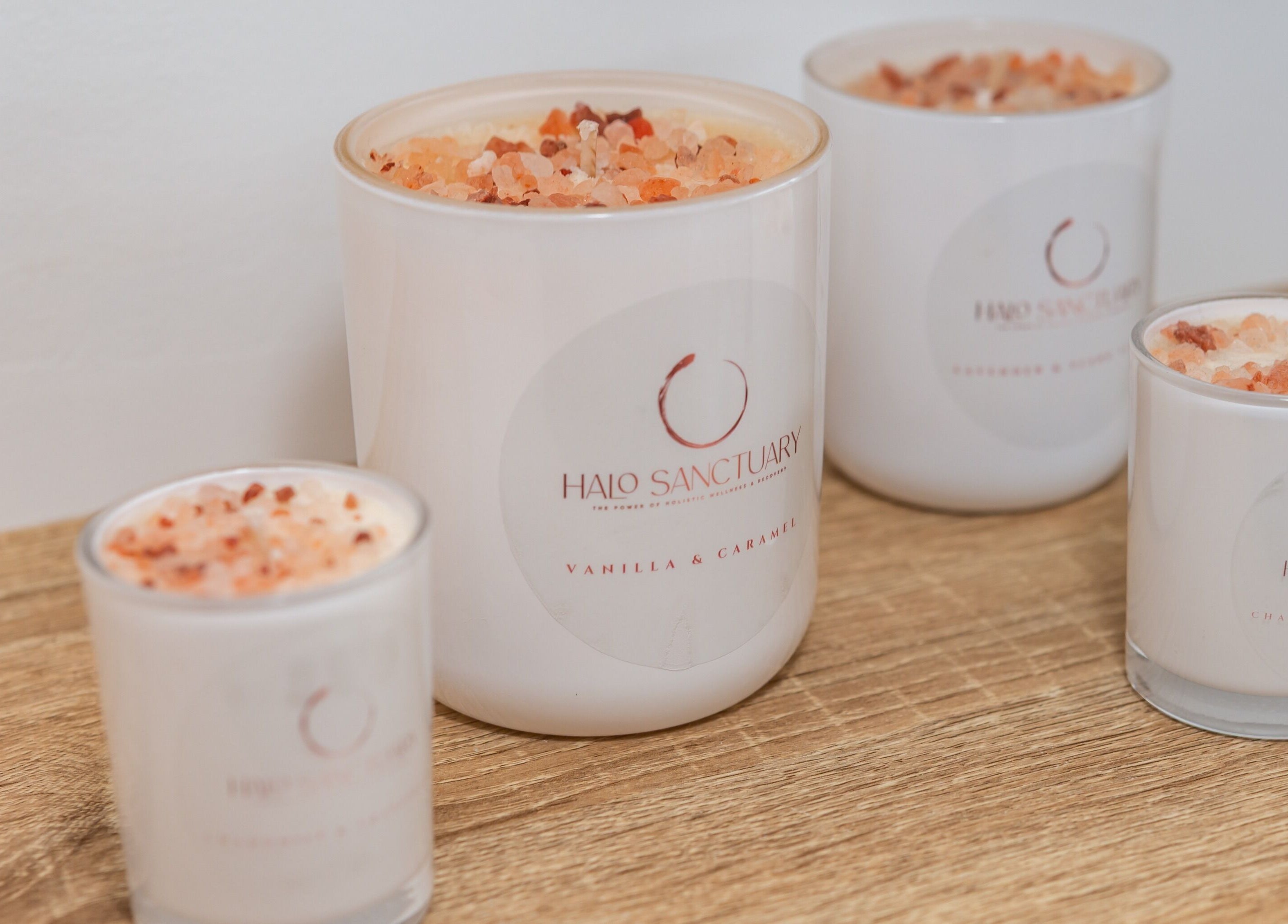 Tranquil candle display from Halo Sanctuary in Ramsgate, New South Wales, AU, featuring decorative salts.