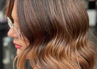 Close-up of styled wavy hair at Ericarichardsonhair, Hornchurch, England, GB.