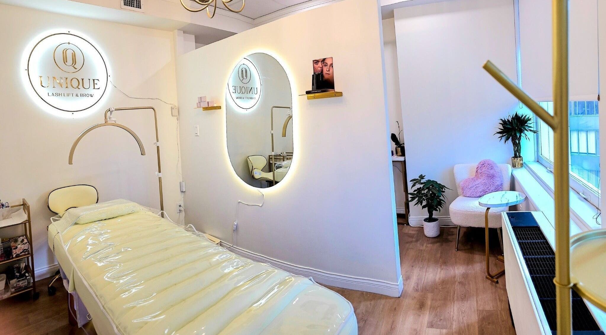 Elegant treatment room at Unique Lash Lift & Brow, Vancouver, British Columbia, CA, showcasing modern decor.