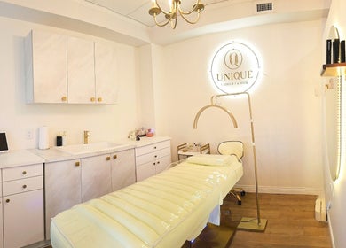 Luxury treatment room at Unique Lash Lift & Brow, Vancouver, British Columbia, CA. Chic décor and relaxing ambiance.