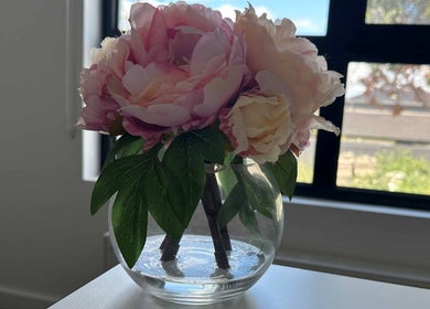Serene pink peonies in a vase at Eating Disorders Melbourne, Melbourne, Victoria, AU.