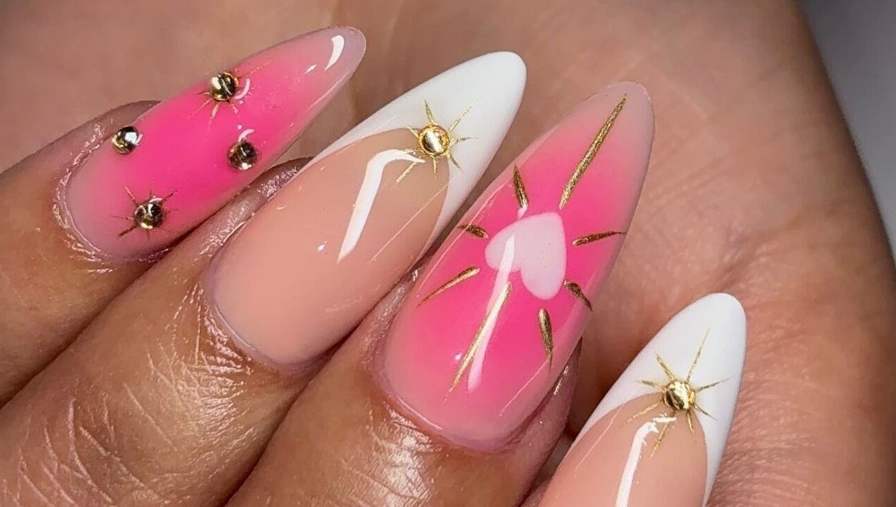 Intricate pink and white nail art with gold accents at Sets By Talia, Cape Town, Western Cape, ZA.
