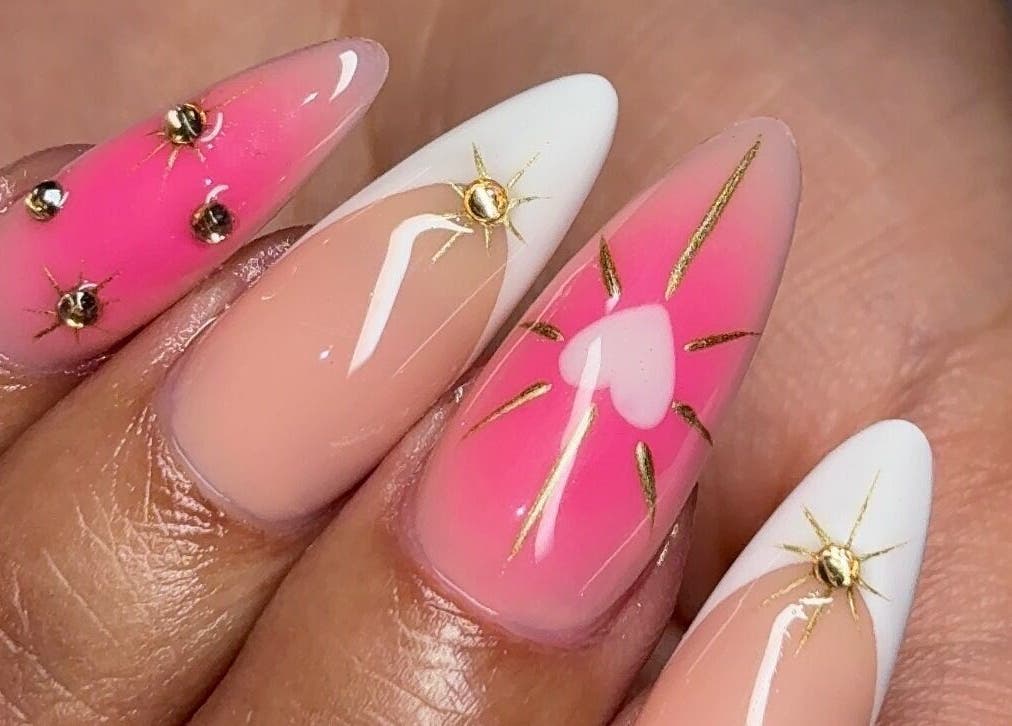 Intricate pink and white nail art with gold accents at Sets By Talia, Cape Town, Western Cape, ZA.