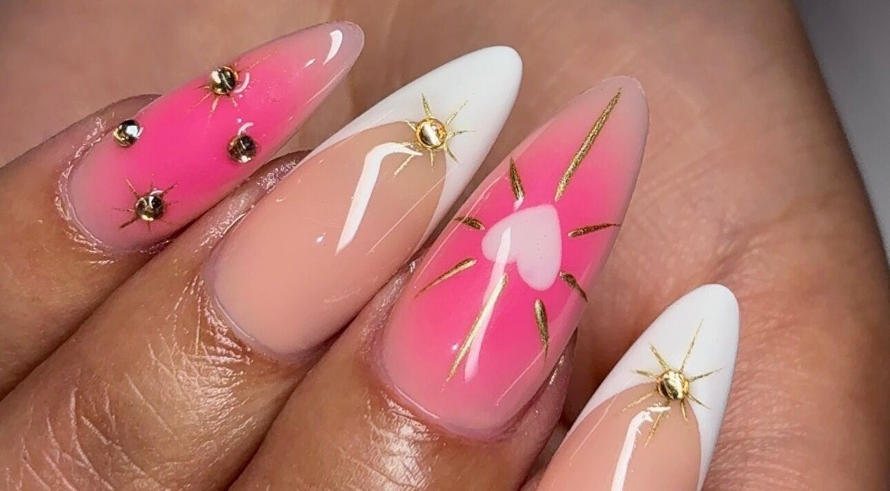 Intricate pink and white nail art with gold accents at Sets By Talia, Cape Town, Western Cape, ZA.