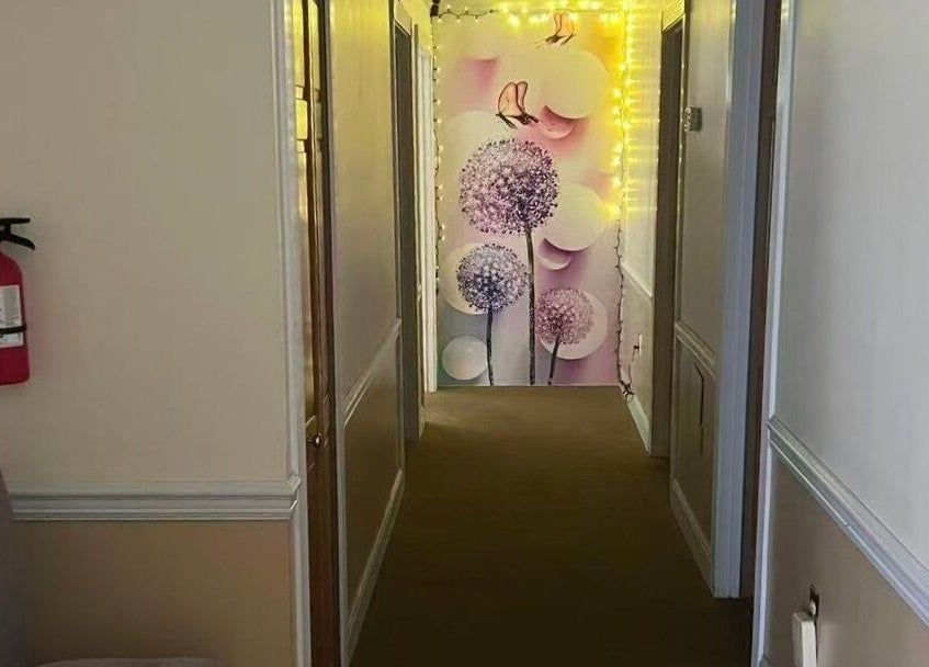 Illuminated hallway with floral wall art at Acupressure Spa, Burke, Virginia, US.
