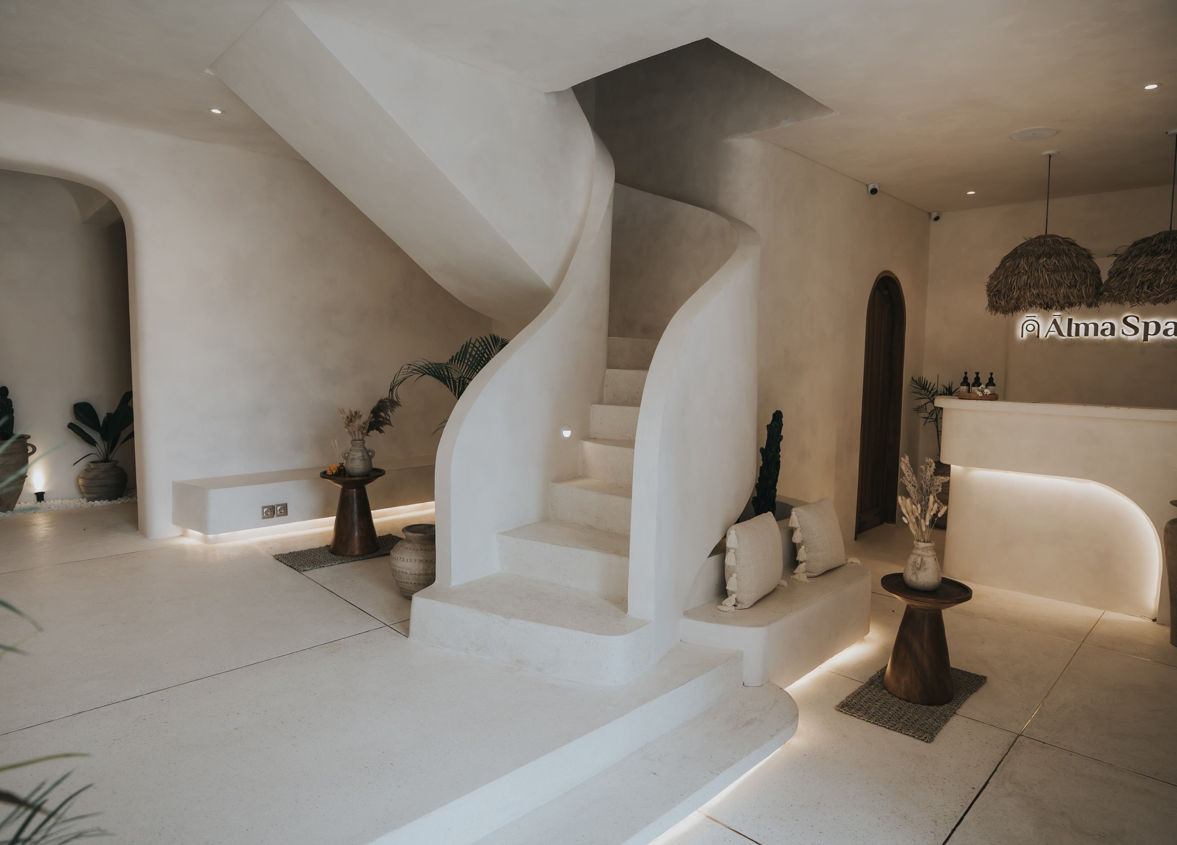 Elegant, minimalist staircase at Alma Spa Bali Canggu, epitomizing serene wellness in Bali, Bali, ID.
