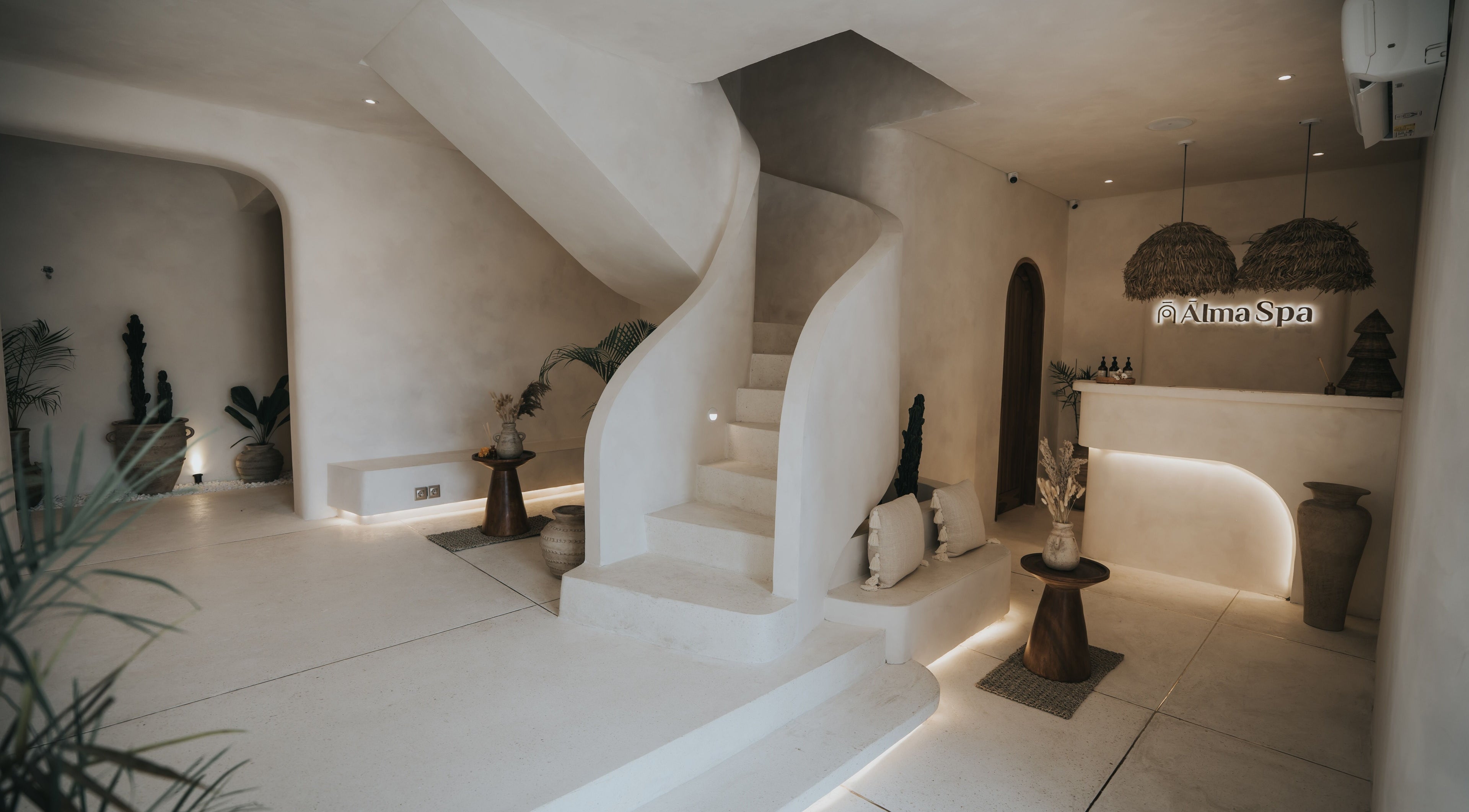 Elegant, minimalist staircase at Alma Spa Bali Canggu, epitomizing serene wellness in Bali, Bali, ID.