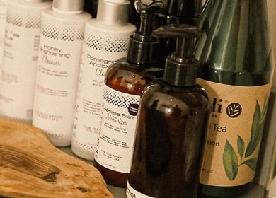 Beauty products at Balanced Beauty by Leandra, Fort Pierce, Florida, US. Natural skincare collection displayed.
