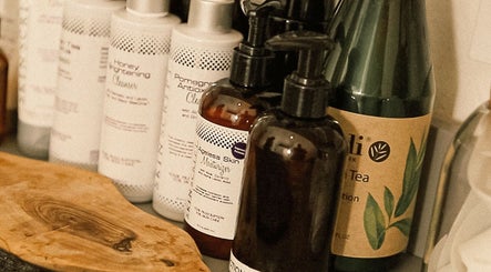 Beauty products at Balanced Beauty by Leandra, Fort Pierce, Florida, US. Natural skincare collection displayed.