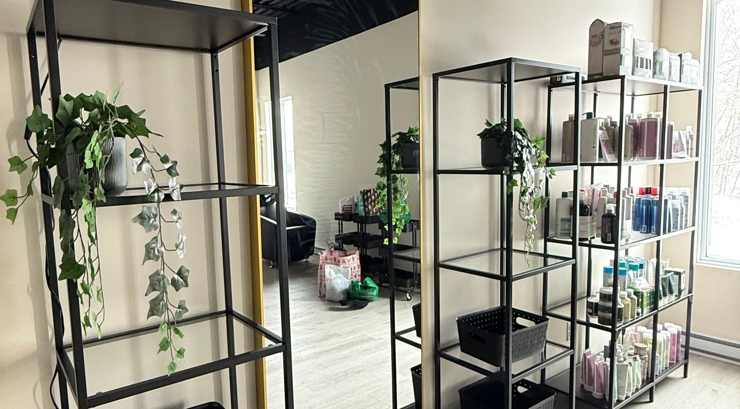 Étagères modernes du Salon La Mézanine à Saint-lazare, Québec, CA avec produits de beauté et plantes décoratives.