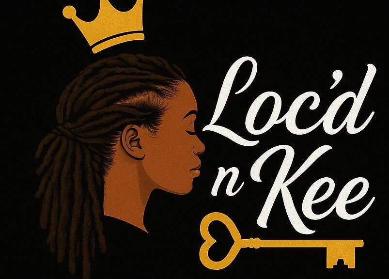 Graphic of crowned woman with locs beside Loc’d n Kee logo at The Quarter, AI.