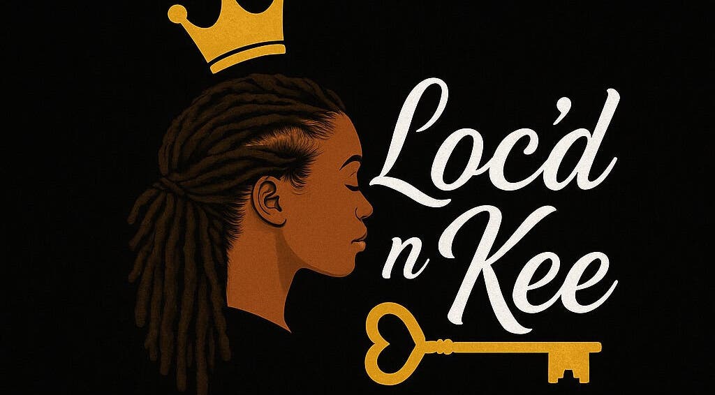 Graphic of crowned woman with locs beside Loc’d n Kee logo at The Quarter, AI.