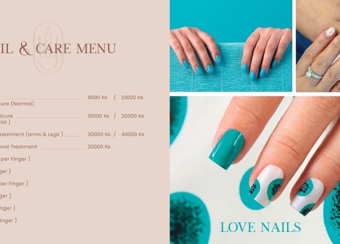 The Way Beauty & Wellness Spa in Taunggyi offers a nail menu with elegant teal manicures and designs.