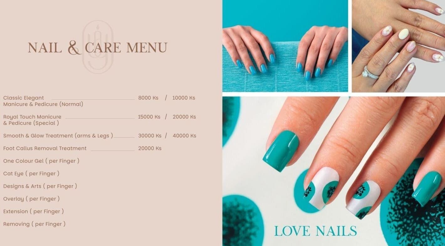 The Way Beauty & Wellness Spa in Taunggyi offers a nail menu with elegant teal manicures and designs.
