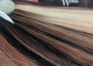 Close-up of diverse hair extensions at The Extension Bar, Onchan, Isle of Man, GB.