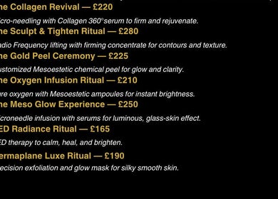 Velora Skin Rituals treatment menu at Kingston Upon Thames, England, GB showcasing luxurious skincare services.