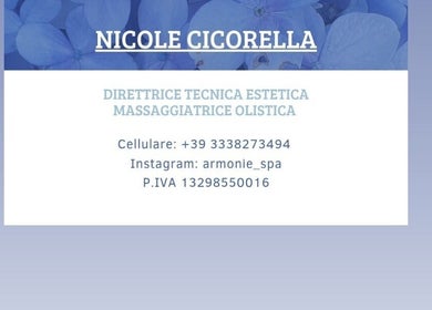 Biglietto da visita di Armonie Spa, Torino, Piemonte, IT con dettagli di contatto estetista.